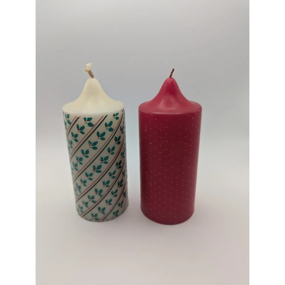 Christmas Pillar Candle Set Vtg‎ Holly Berry Stripe and Red Polka Dot 2pc Unused